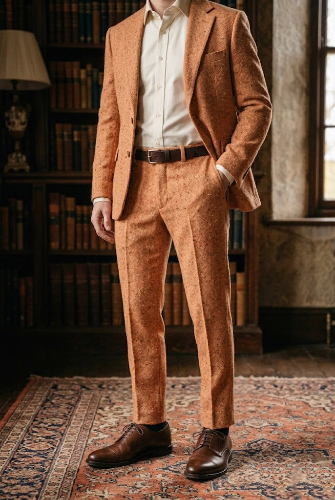 Men's Apricot Peach Herringbone Tweed Tailored Trousers