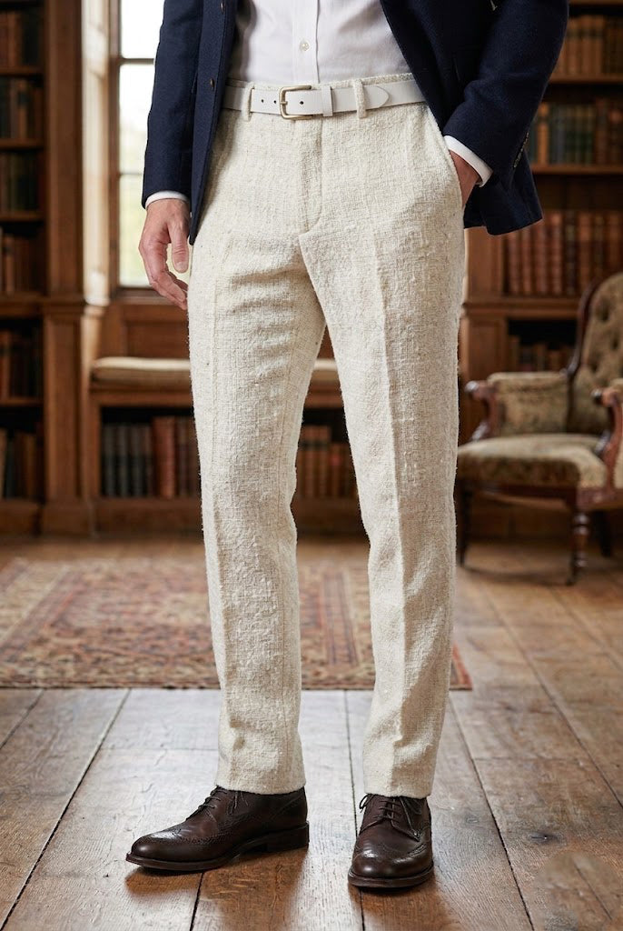 Men's Winter White Herringbone Tweed Tailored  Trousers