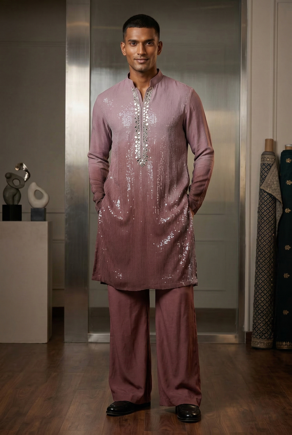 Mauve Ombré Sequin Designer Kurta Pajama with  Mirror Work