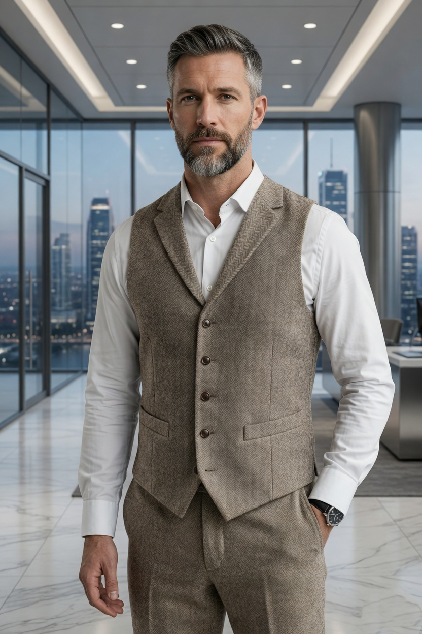 Men's Slim Fit Tweed Waistcoat Vintage Lapel Dress Suit Vest Khaki Beige