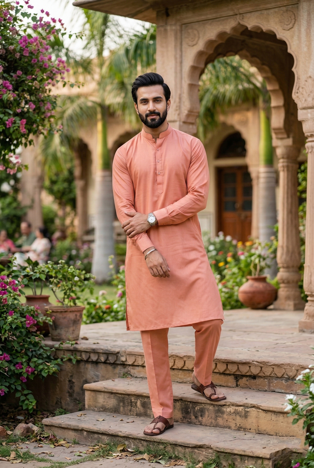 Men's Peach Cotton Silk Plain Kurta Pajama Set