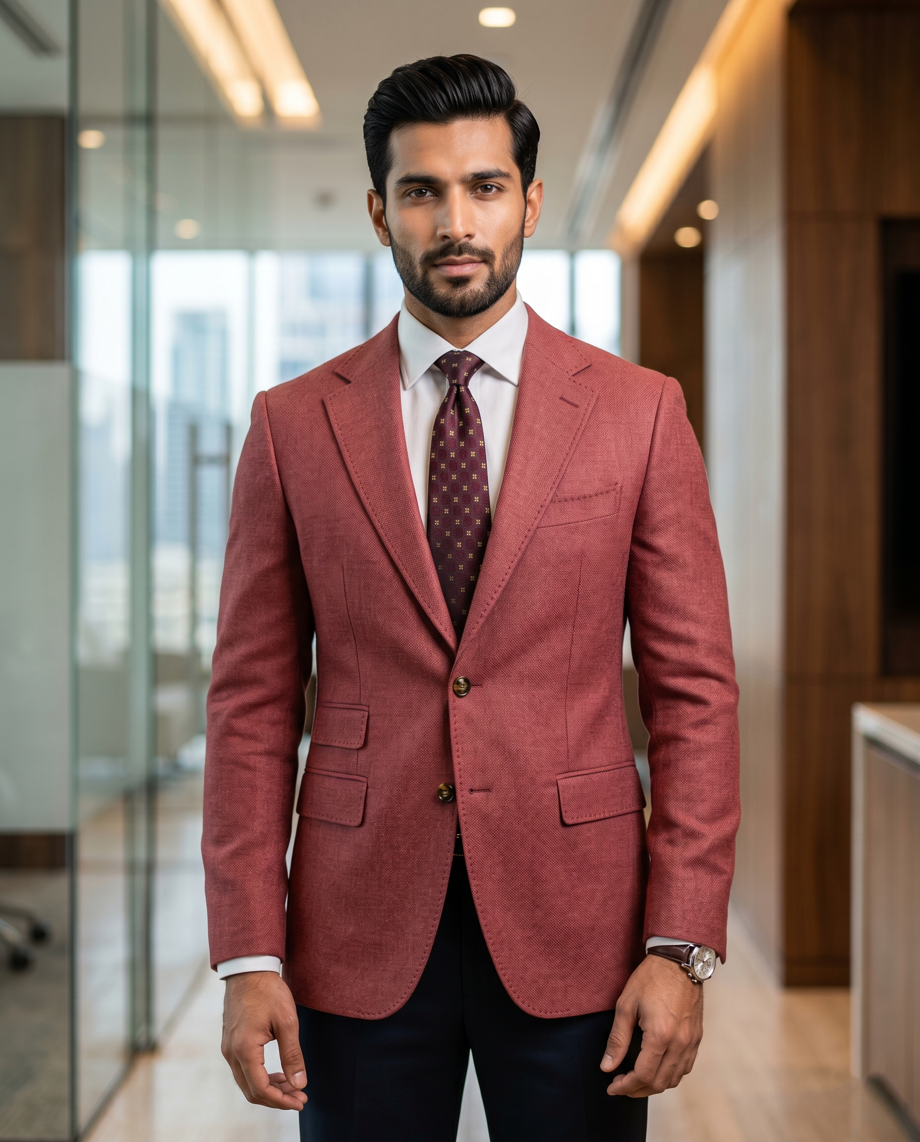 Premium Men's Slim Fit Dusty Rose Blazer Textured Single Breasted Suit Jacket