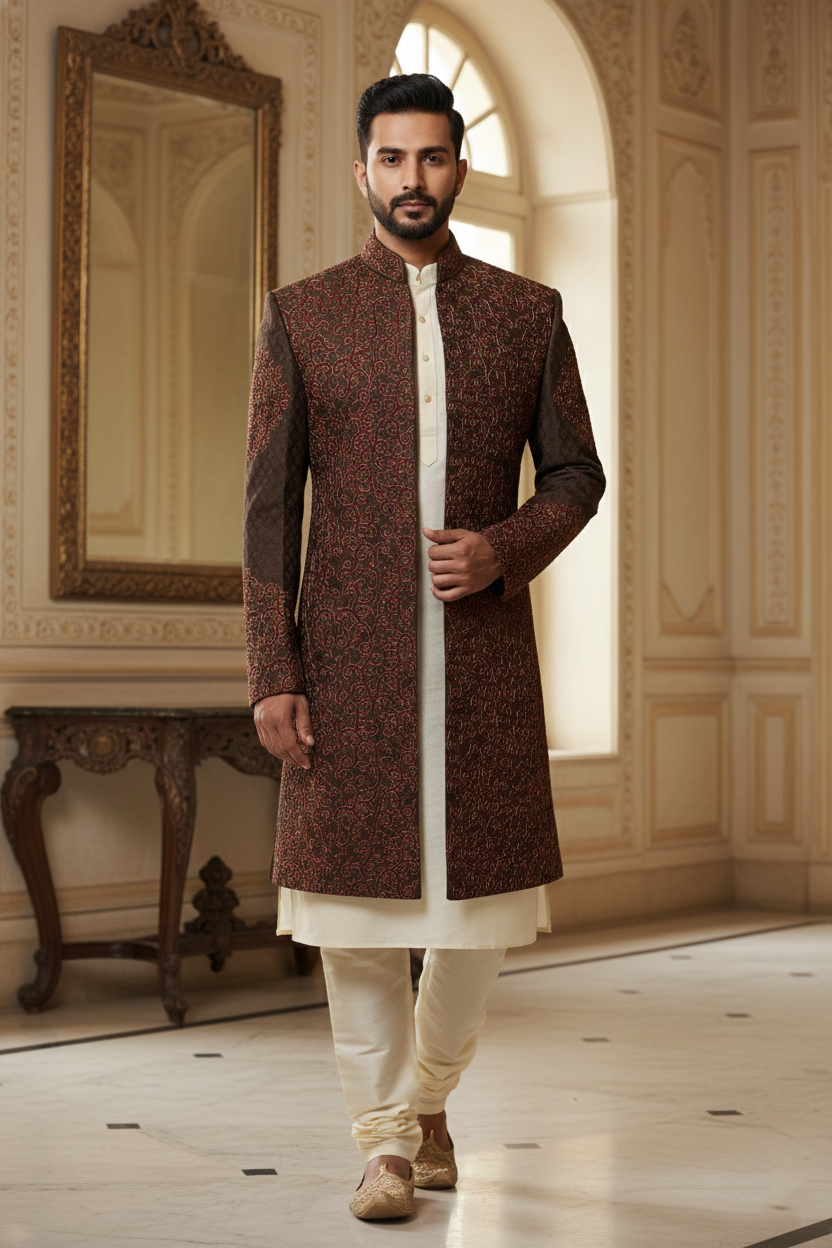 The Terra-Earthy: Dual-Toned Intricate Sherwan