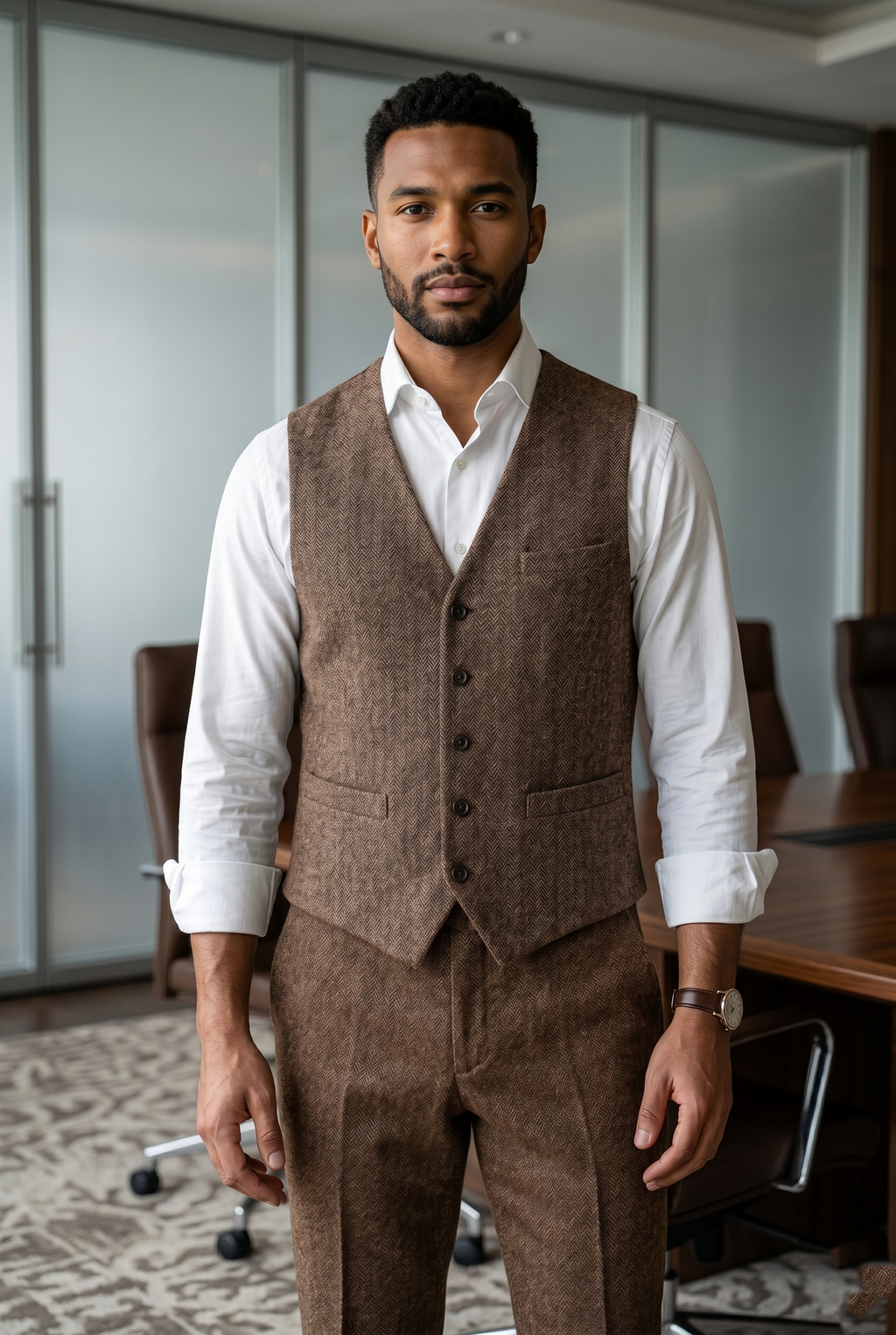 Men's Slim Fit Tweed Waistcoat Vintage Lapel Dress Suit Vest Chocolate Brown