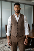 Men's Slim Fit Tweed Waistcoat Vintage Lapel Dress Suit Vest Chocolate Brown