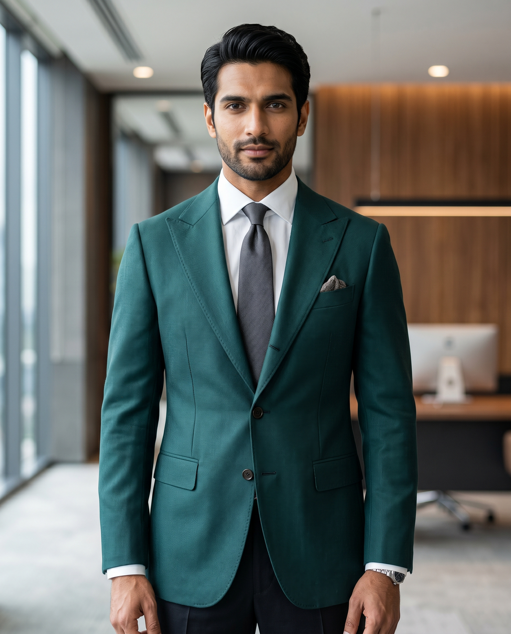 Premium Men's Slim Fit Teal Green Blazer Textured Single Breasted Suit Jacket