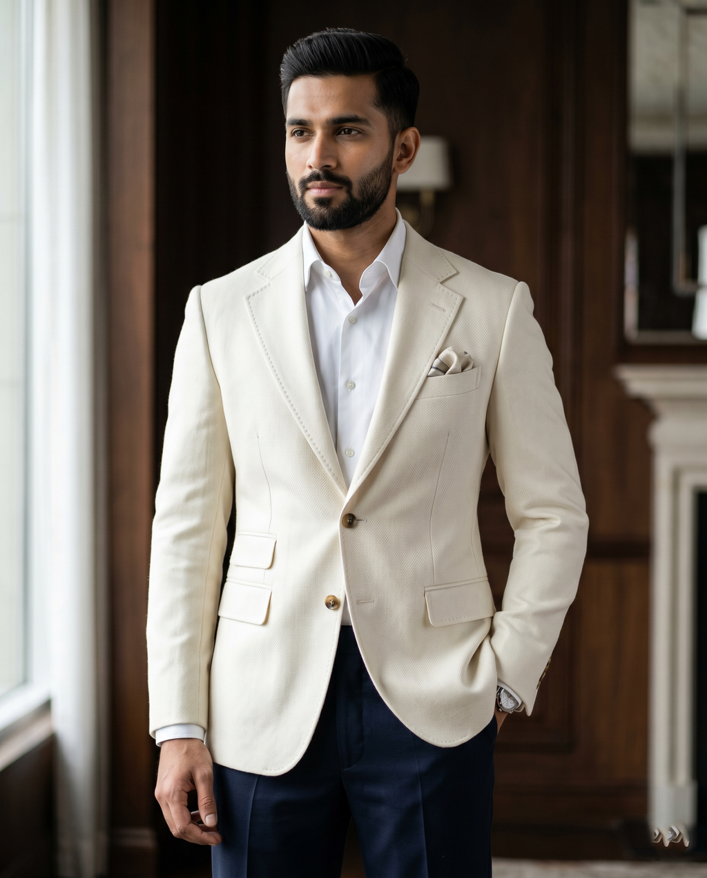 Premium Men's Slim Fit Off White Blazer Textured Single Breasted Suit Jacket