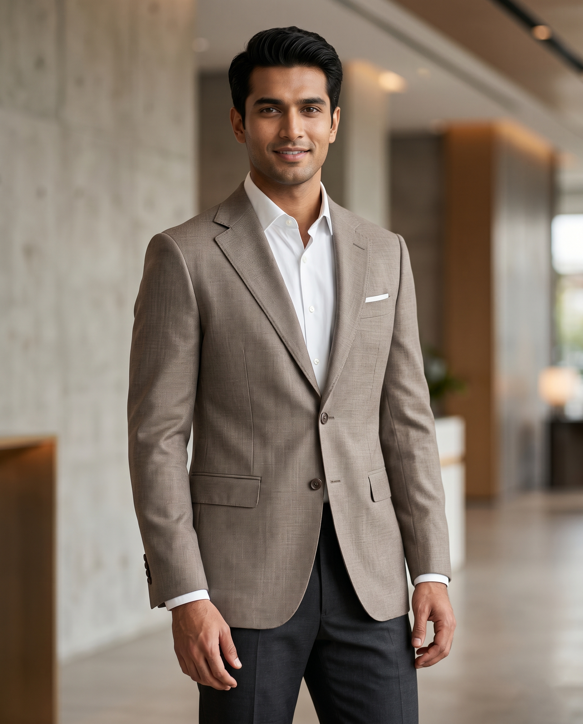 Premium Men's Slim Fit Taupe Brown Blazer Textured Single Breasted Suit Jacket