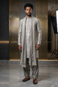 Men’s Silver Silk Designer Kurta Pajama with Stole