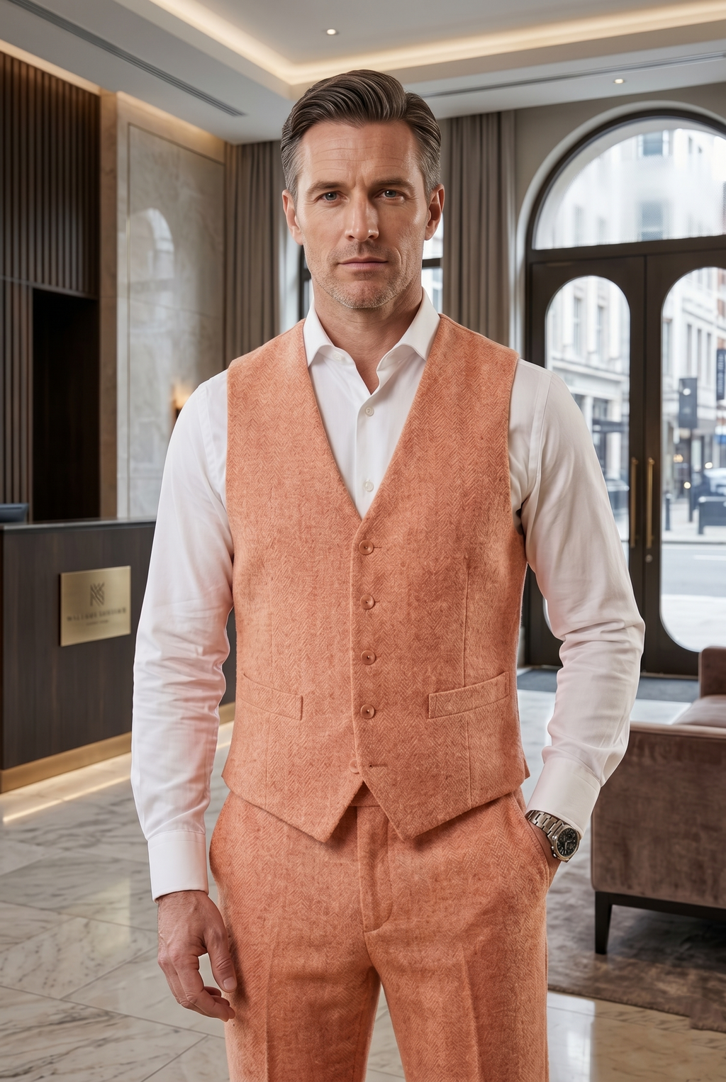 Men's Slim Fit Tweed Waistcoat Vintage Lapel Dress Suit Vest Peach Orange