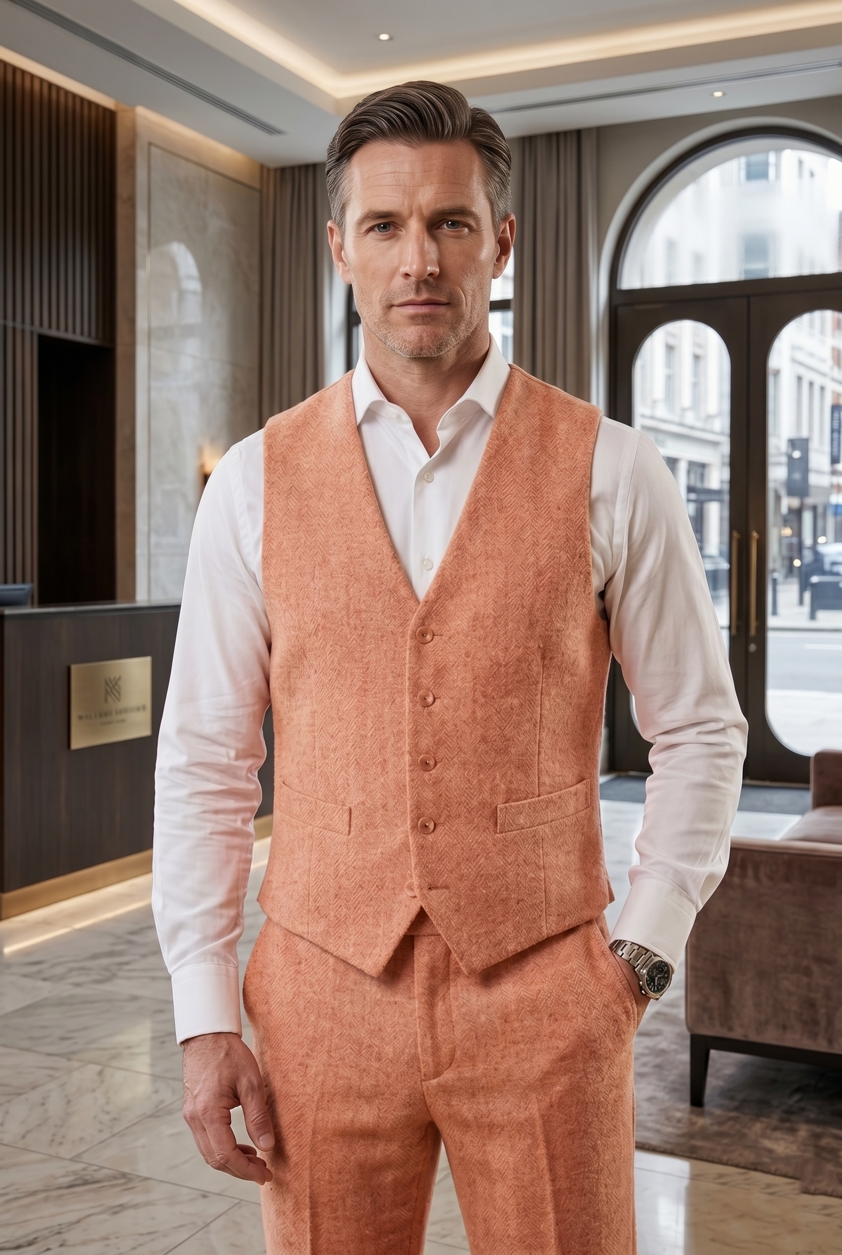 Men's Slim Fit Tweed Waistcoat Vintage Lapel Dress Suit Vest Peach Orange