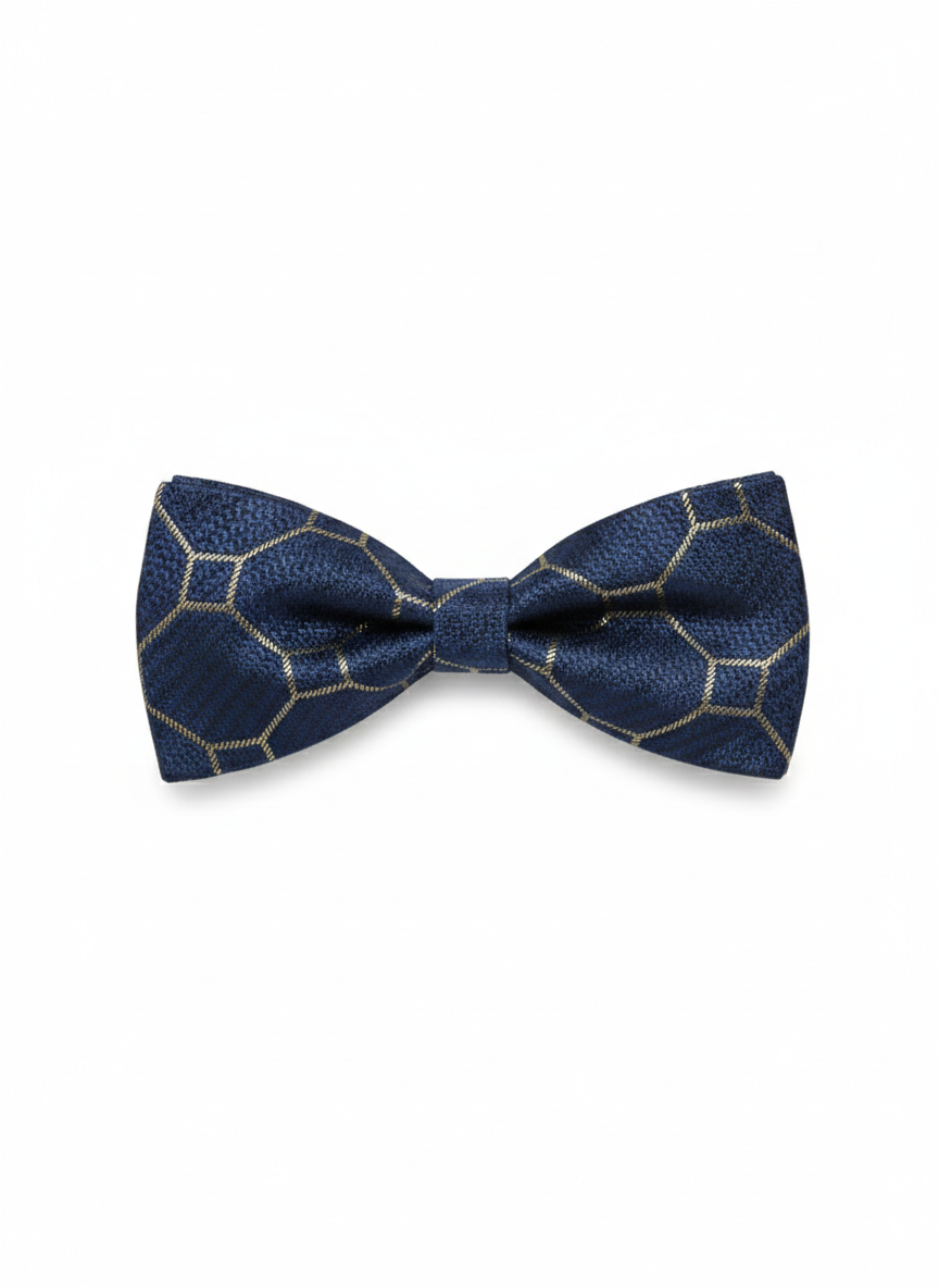Elegant Navy Blue Bow Tie With Gold Geometric Pattern