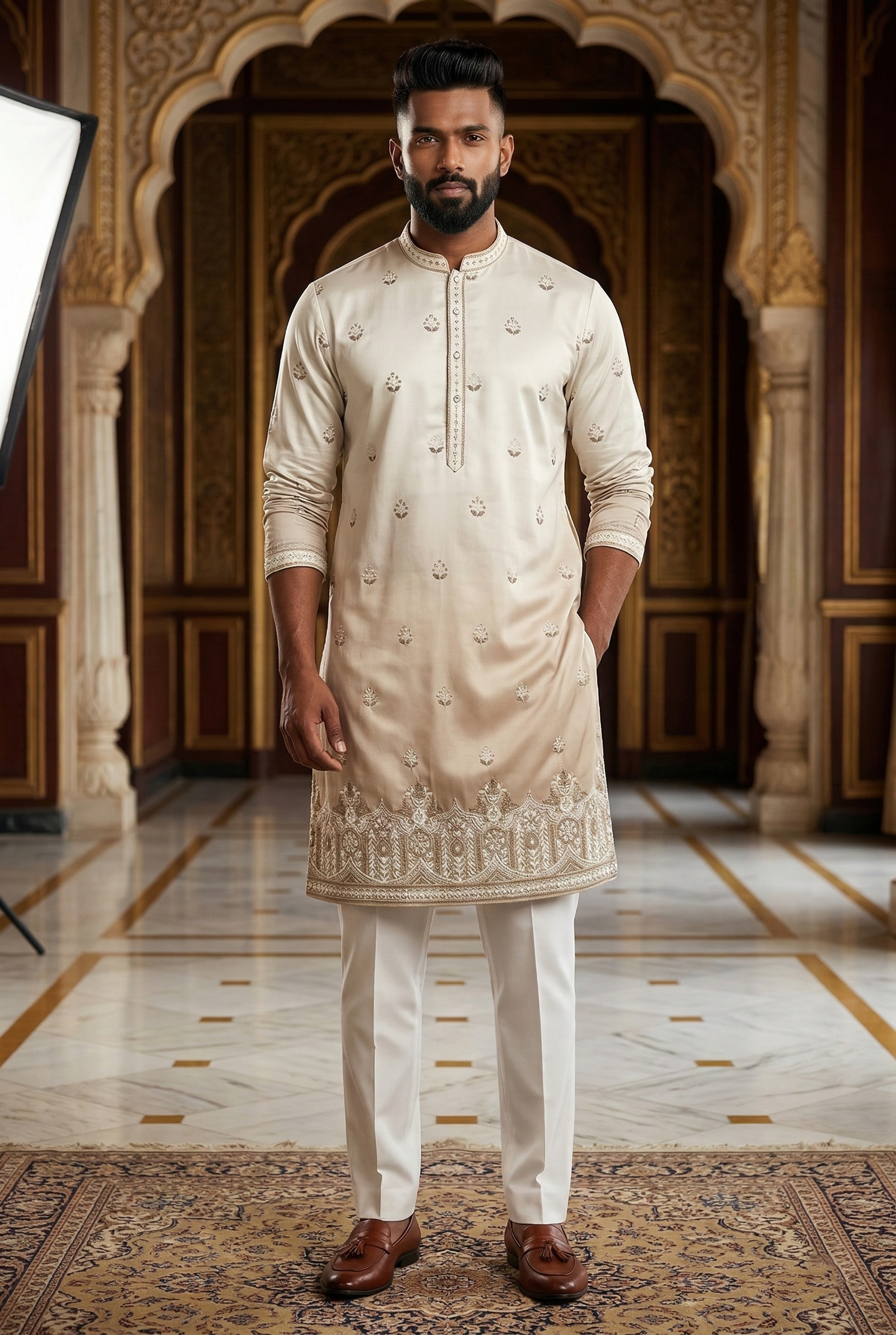 Men's Cream Ombré Embroidered Designer Kurta  Pajama