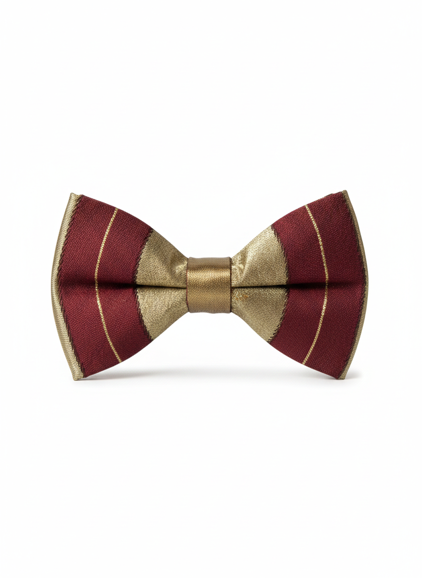 Burgundy and Gold Striped Men's Bow Tie, Premium Pre-Tied Maroon Tuxedo Bowtie with Metallic Accents, Adjustable Necktie