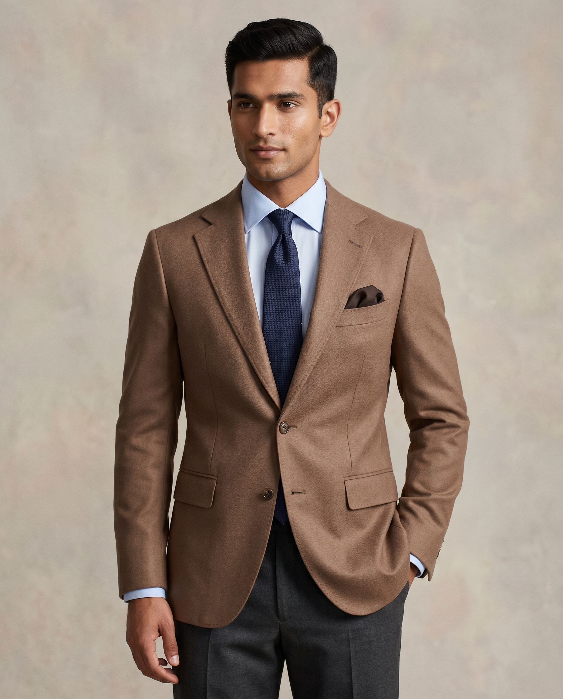 Premium Men's Slim Fit Camel Brown Blazer Smooth Single Breasted Suit Jacket