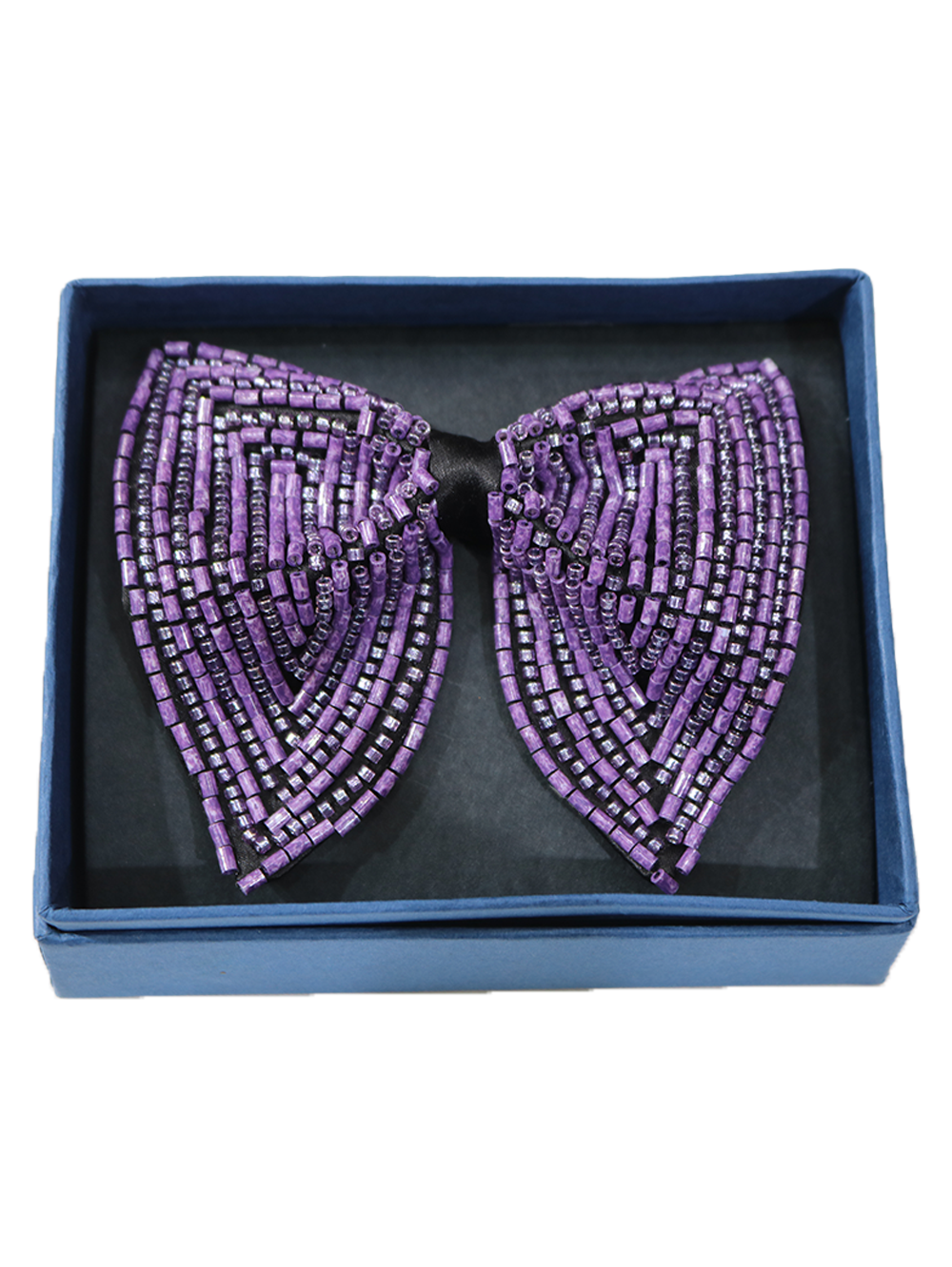 Exquisite Black Bowtie with Geometric Purple Bugle Beads