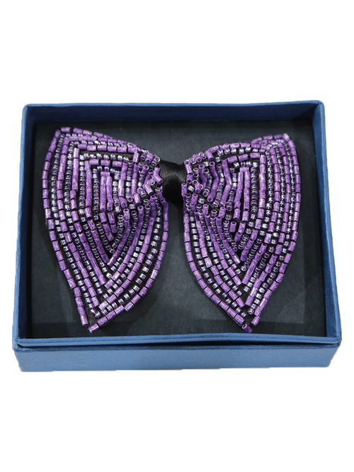 Exquisite Black Bowtie with Geometric Purple Bugle Beads