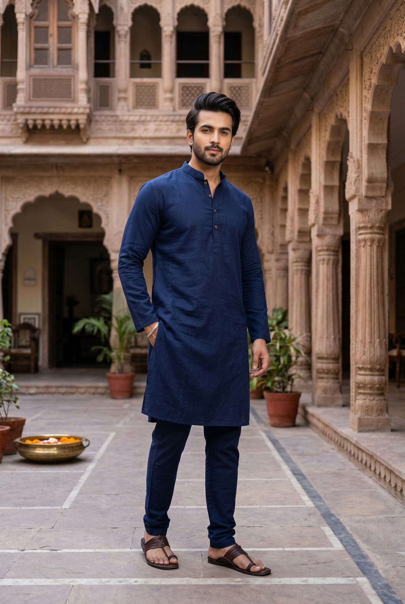 Men's Navy Blue Cotton Silk Plain Kurta Pajama  Set