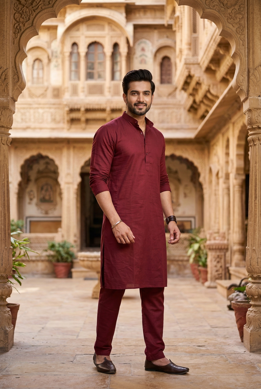 Men’s Wine Red Cotton Silk Plain Kurta Pajama Set