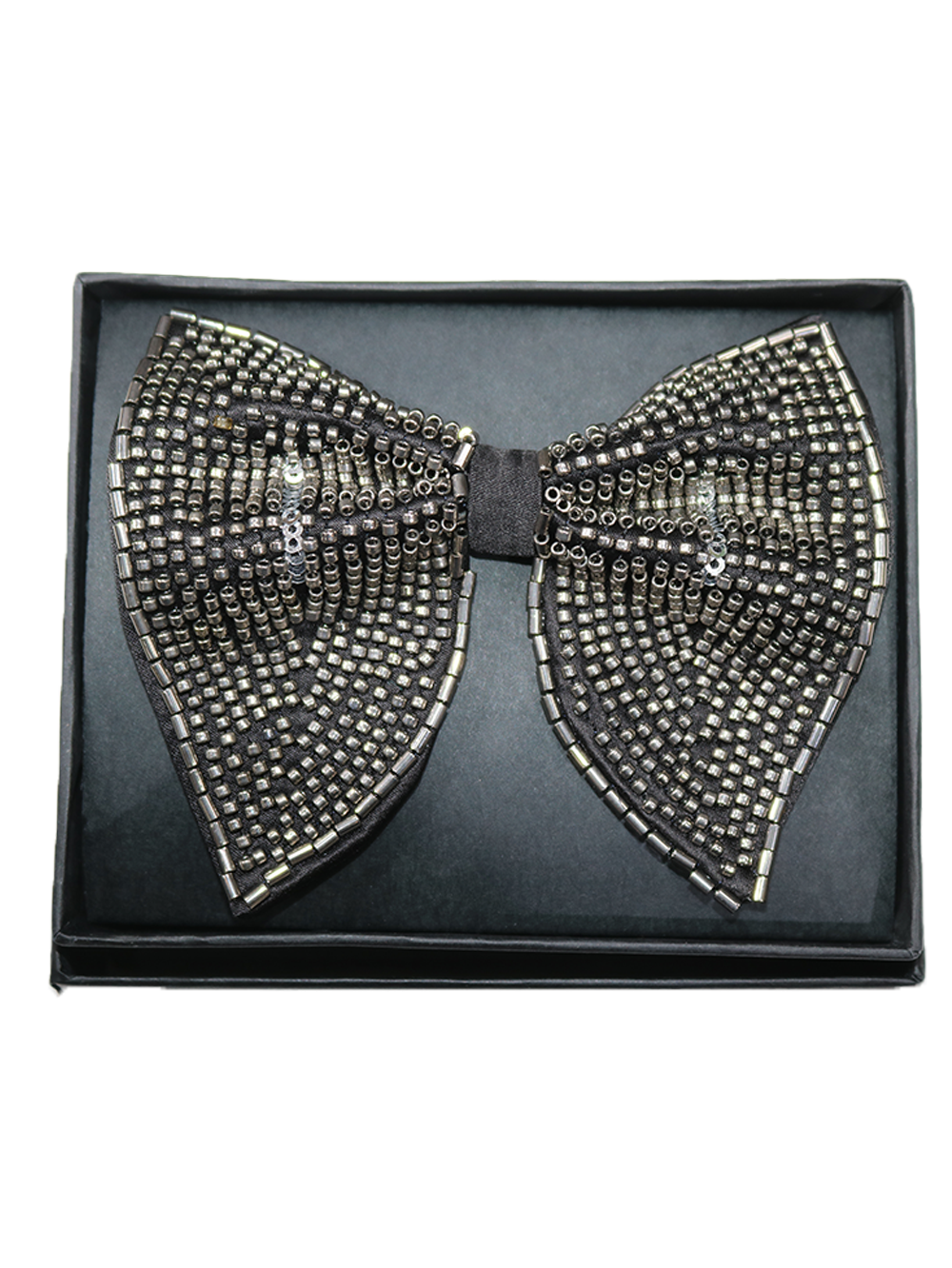 Sophisticated Black Bowtie with Radiant Silver Bugle Bead Embellishments