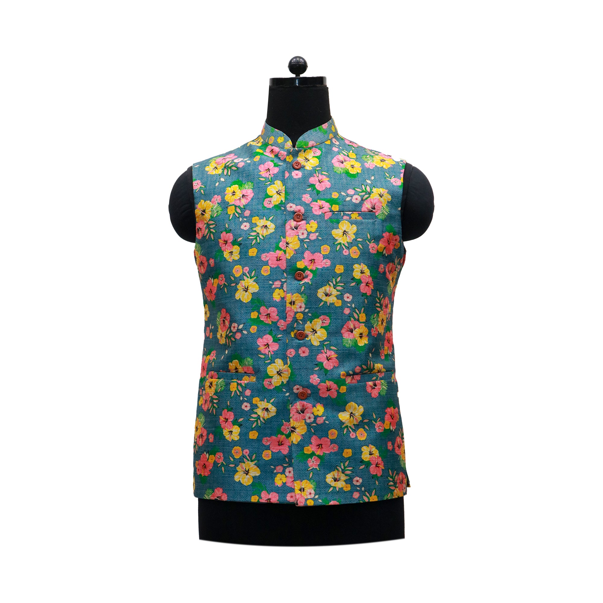 Men’s Teal Floral Printed Nehru Jacket with Ivory Kurta  Pajama – Festive & Wedding Wear