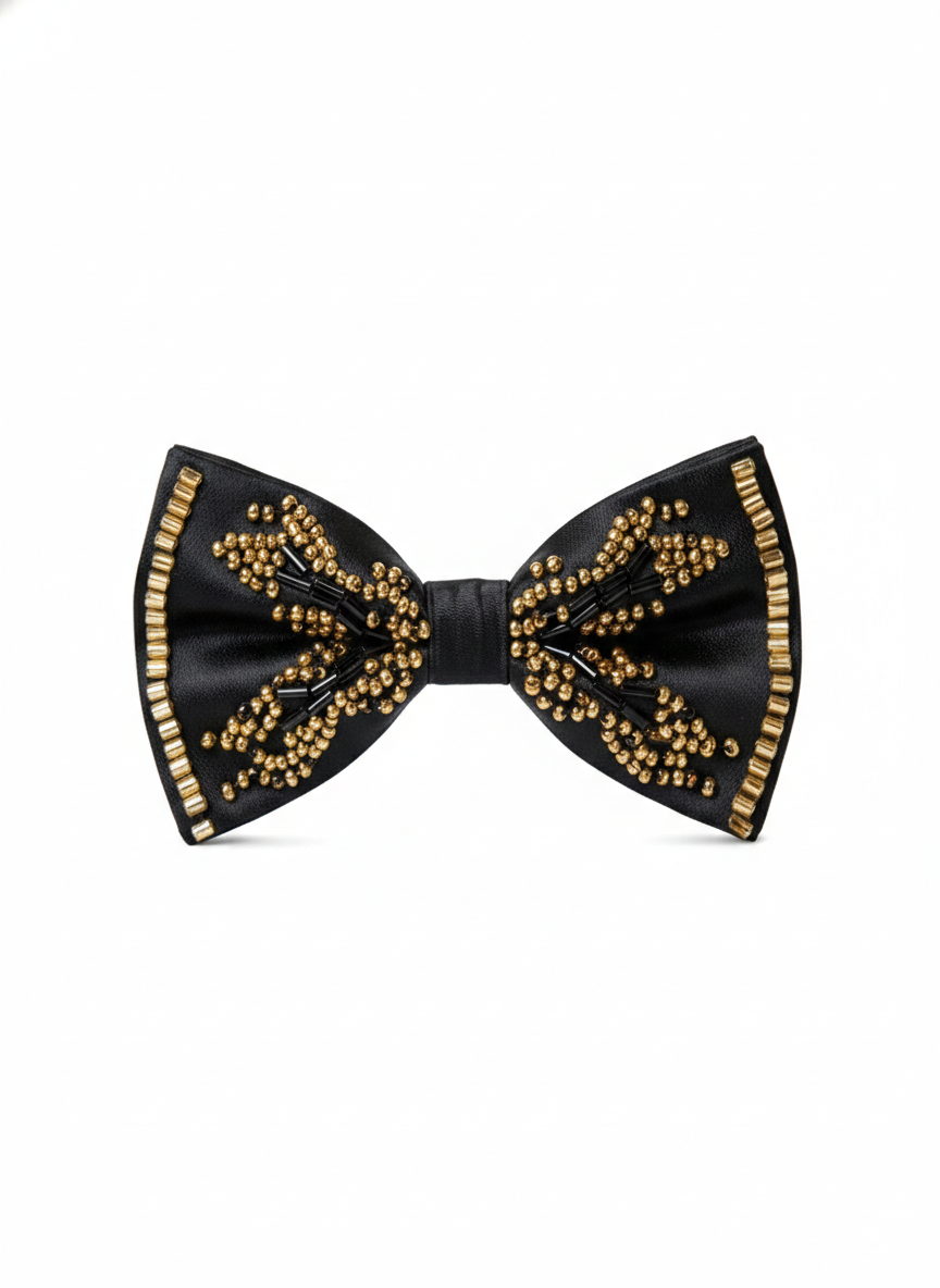 Handcrafted Beaded Men's Bow Tie, Premium Black Silk Satin Formal Bowtie with Gold Bead Embroidery