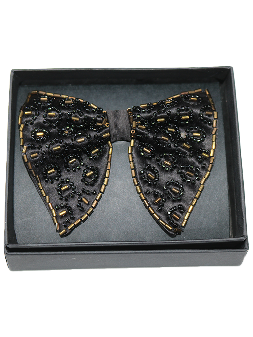 Glamorous Black and Gold Beaded Leopard Pattern Bow Tie
