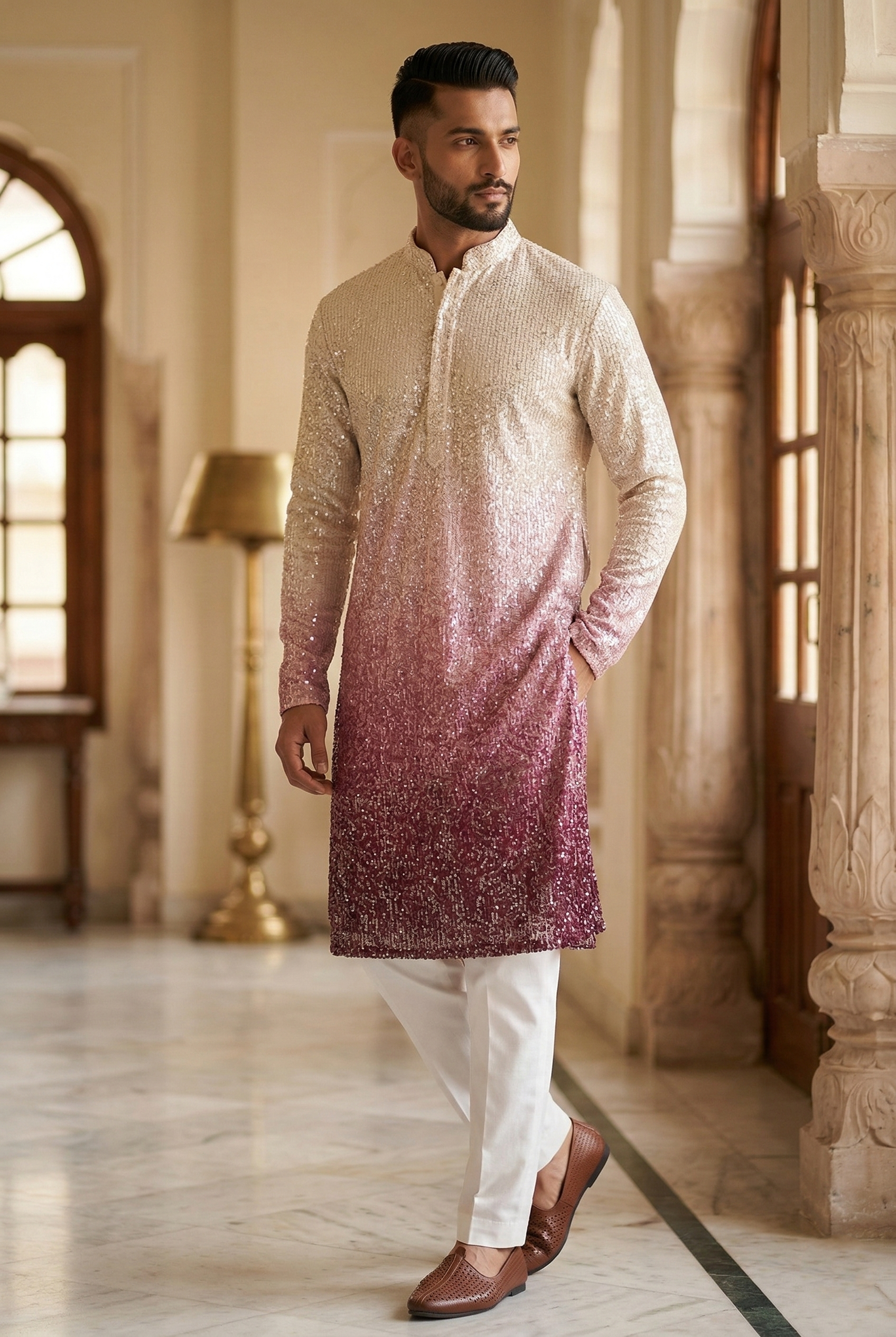 Men’s Ombre Sequin Designer Kurta Pajama in Wine & Cream
