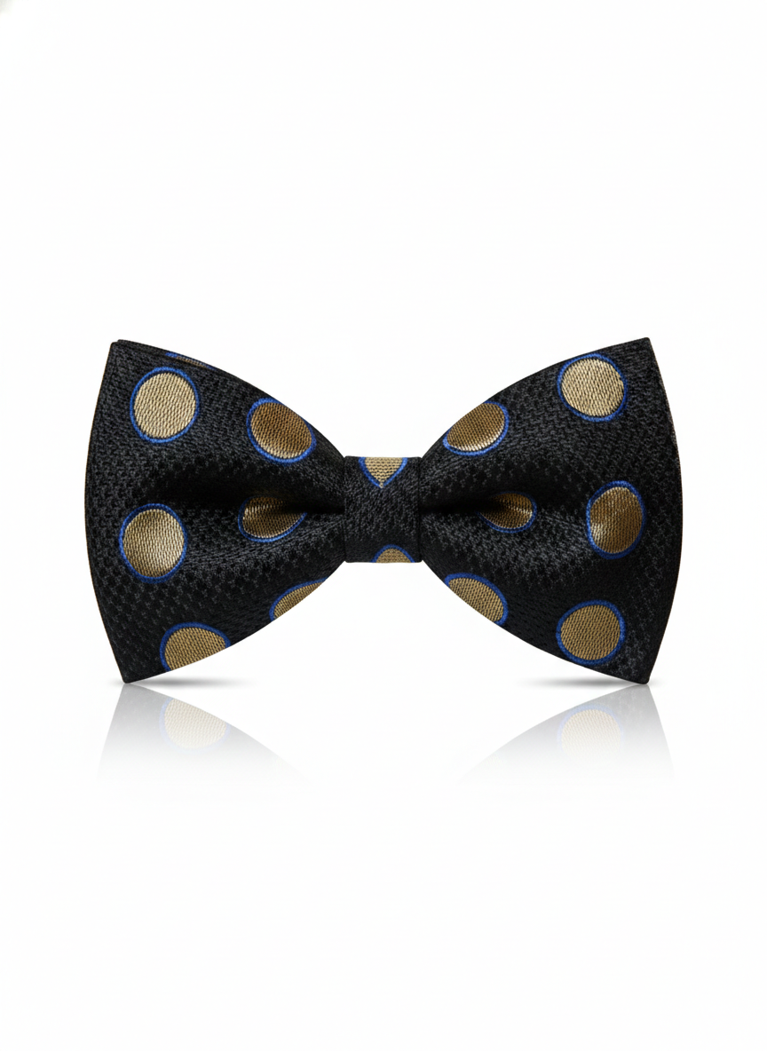 Elegant Black Bow Tie with Gold and Blue Polka Dots