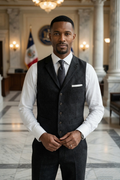 Men's Slim Fit Tweed Waistcoat Vintage Lapel Dress Suit Vest Charcoal Black