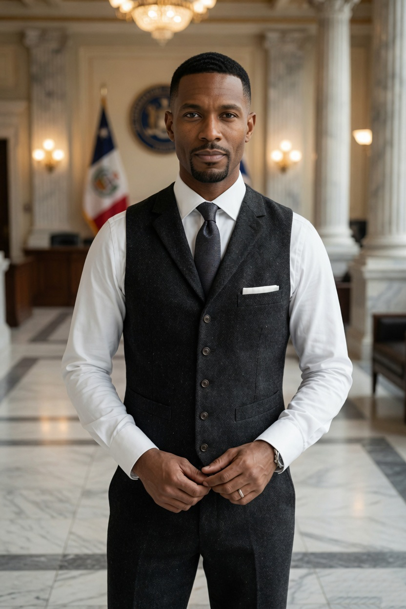 Men's Slim Fit Tweed Waistcoat Vintage Lapel Dress Suit Vest Charcoal Black