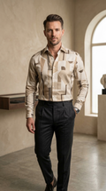 Men's Luxury Designer Geometric Print Button-Down – Slim Fit Abstract Pattern Shirt in Sand & Stone