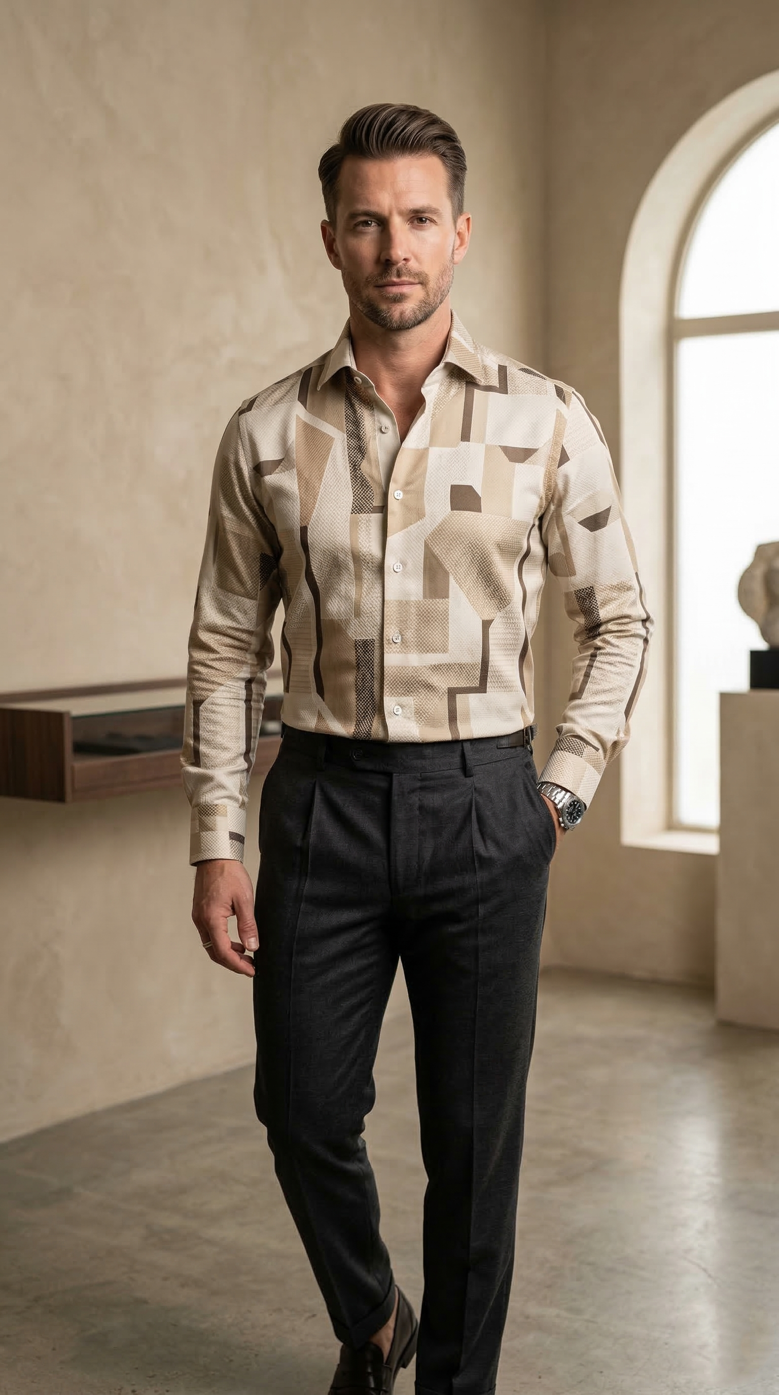 Men's Luxury Designer Geometric Print Button-Down – Slim Fit Abstract Pattern Shirt in Sand & Stone