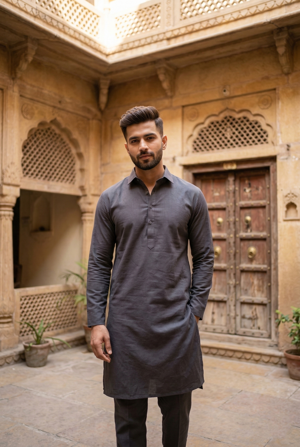 Men's Charcoal Grey Linen-Blend Plain Kurta Pajama  Set