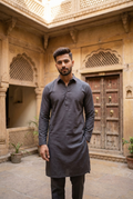 Men's Charcoal Grey Linen-Blend Plain Kurta Pajama  Set