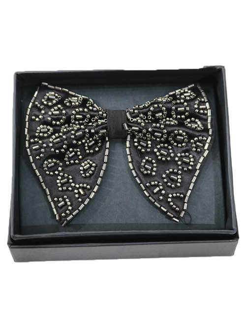 Chic Black Bowtie Featuring Silver Leopard Print Beadwork