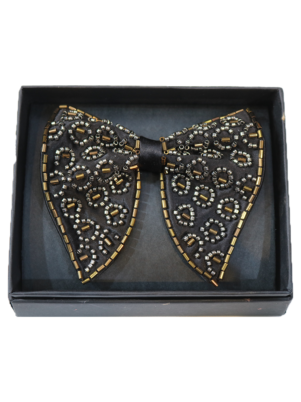 Elegant Black Bowtie with Gold and Silver Bead Embroidery