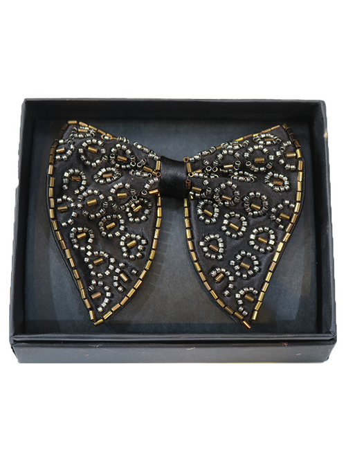 Elegant Black Bowtie with Gold and Silver Bead Embroidery