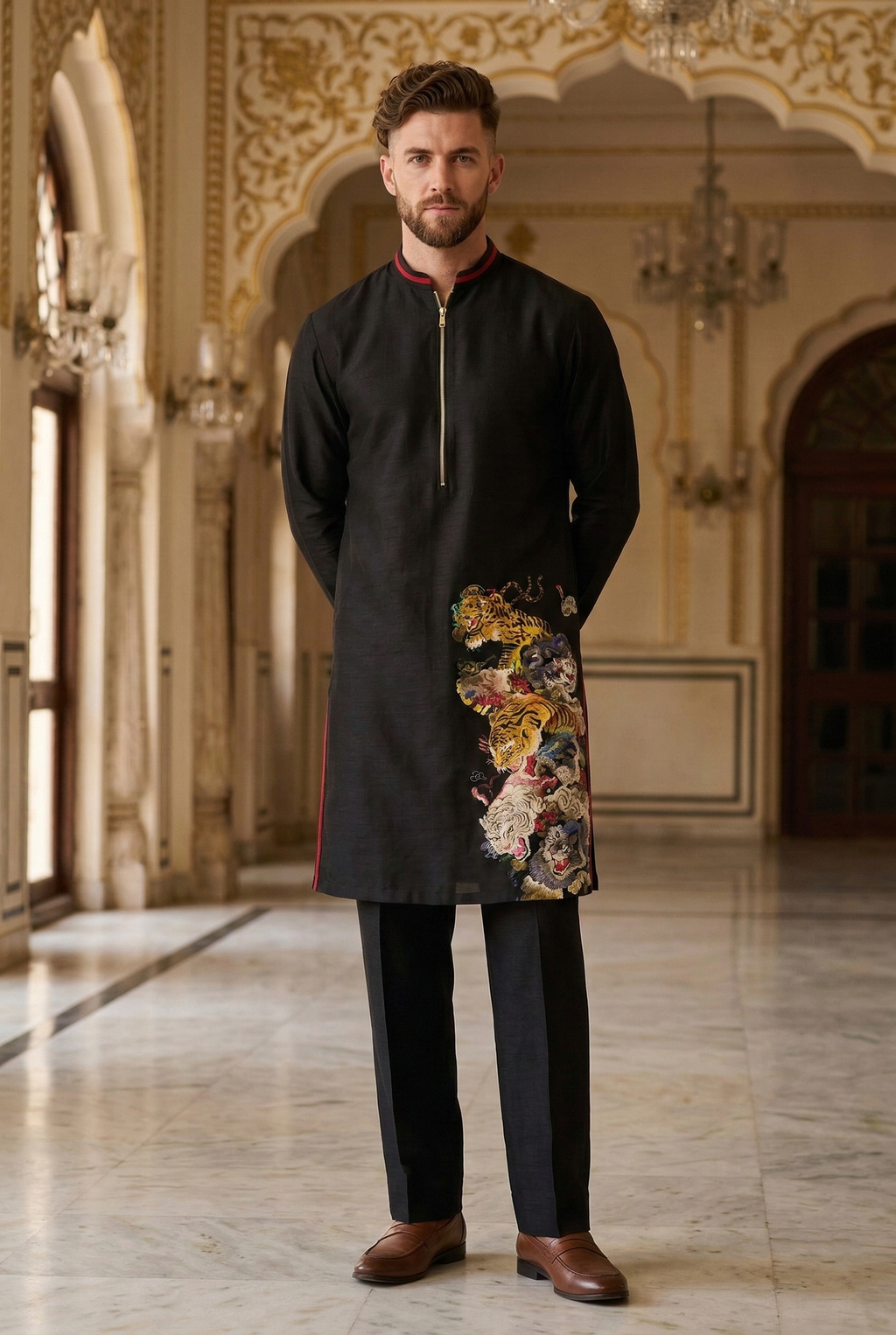 Men's Black Embroidered Tiger Motif Designer Kurta  Pajama