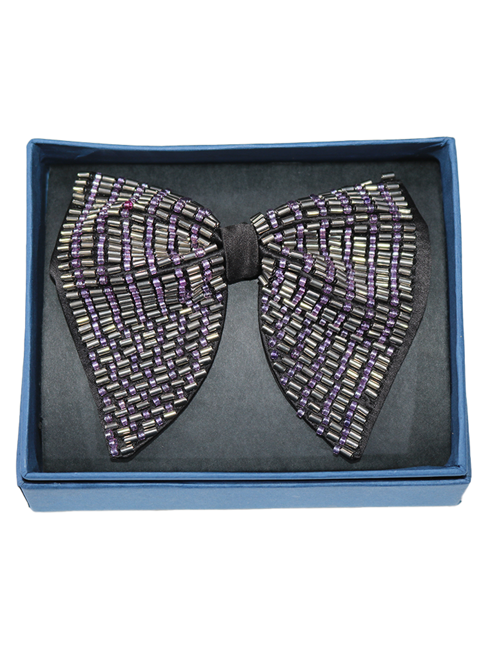 Elegant Black Bowtie with Silver and Purple Beaded Stripes