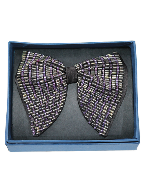 Elegant Black Bowtie with Silver and Purple Beaded Stripes