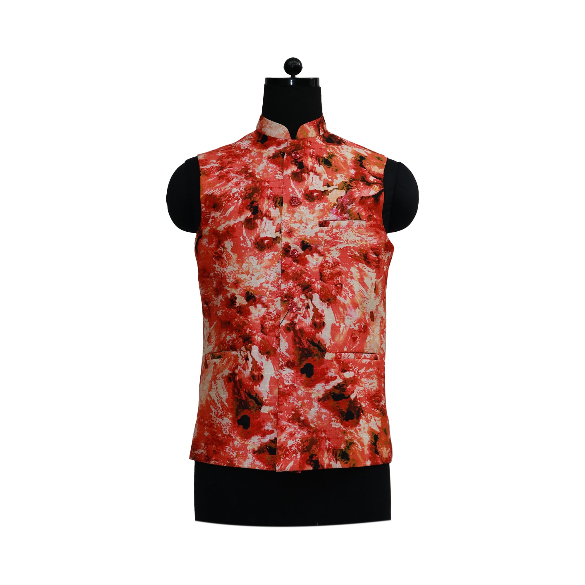 Men’s Red Floral Nehru Jacket with Ivory Kurta Pajama –  Festive Wedding Ethnic Wear