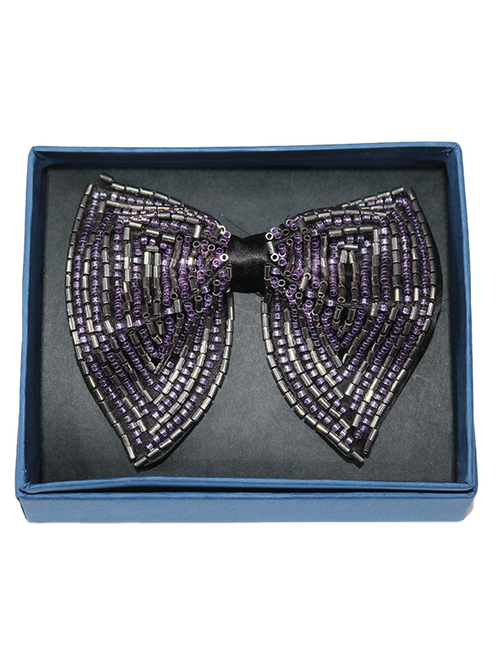 Elegant Black Bowtie with Silver and Purple Geometric Beadwork