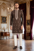 Men's Chocolate Brown Embroidered Kurta with  White Trousers