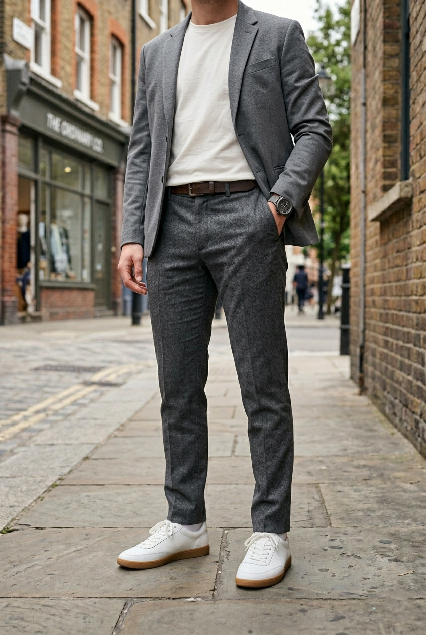 Slim-Fit Grey Melange Trousers - Premium Textured Finish