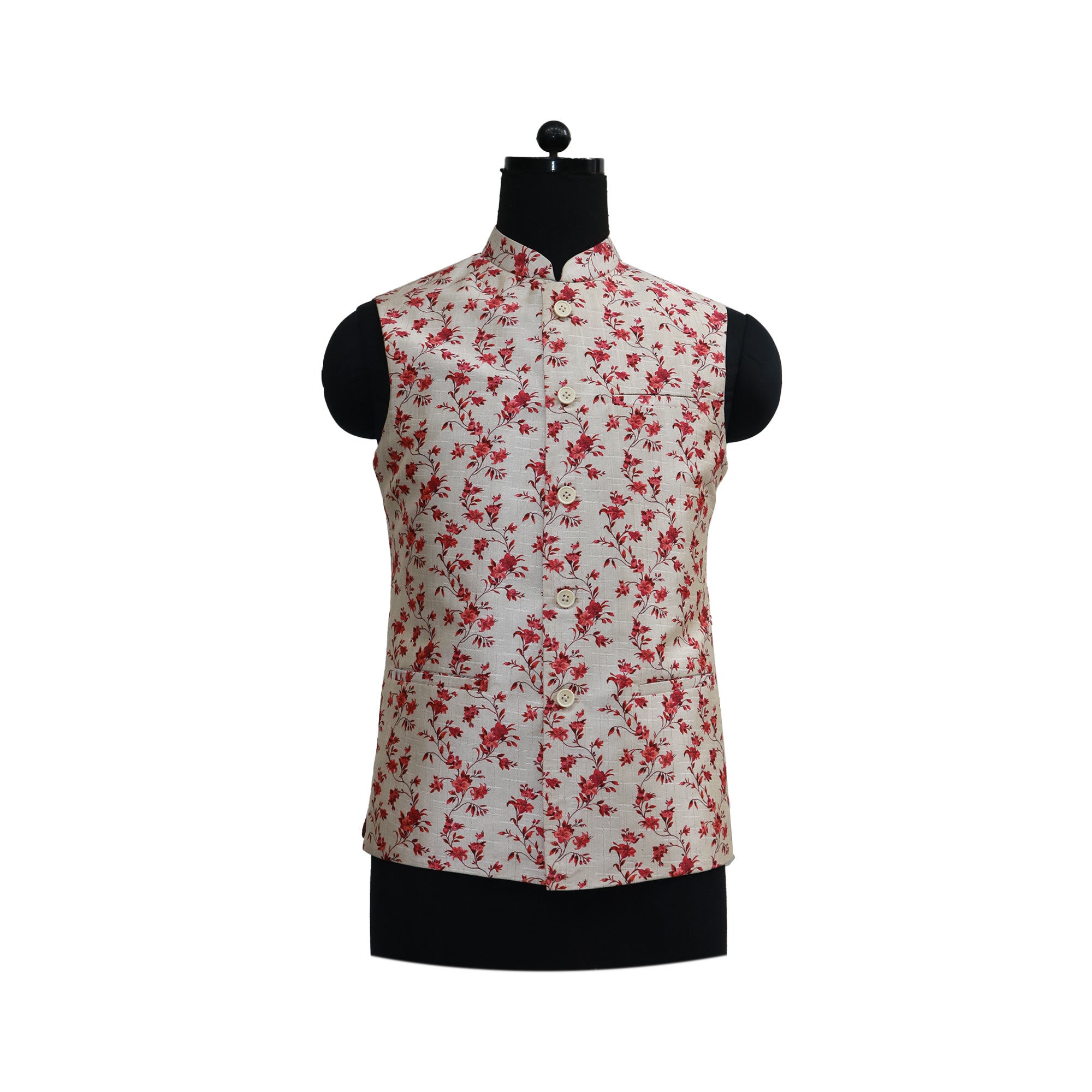 Men’s Ivory Floral Print Nehru Jacket with Kurta Pajama –  Elegant Festive Wear