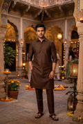 Men's Chocolate Brown Silk-Blend Plain Kurta  Pajama Set
