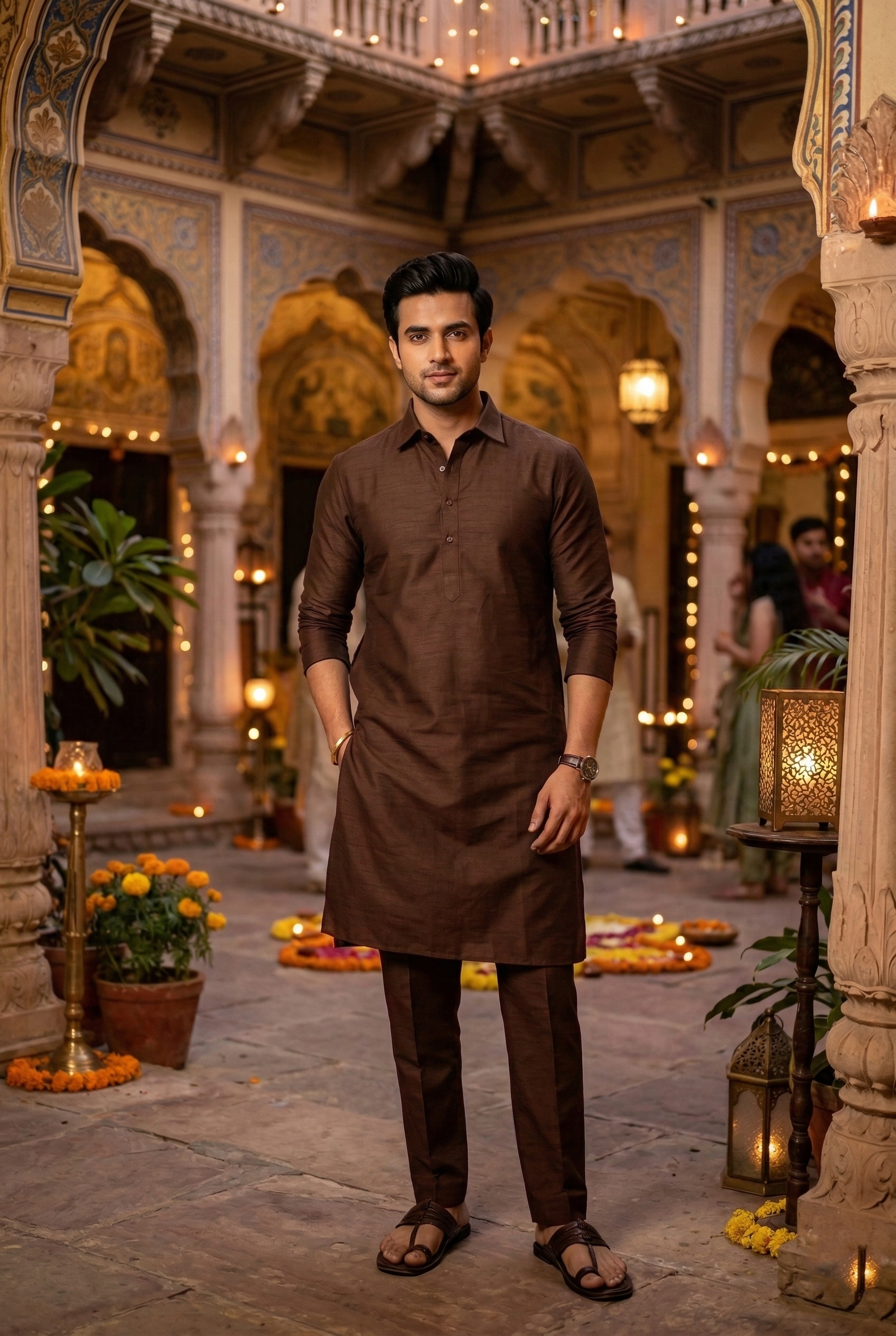 Men's Chocolate Brown Silk-Blend Plain Kurta  Pajama Set