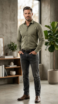 Men’s Casual Slim-Fit Brushed Twill Shirt in Sage Olive