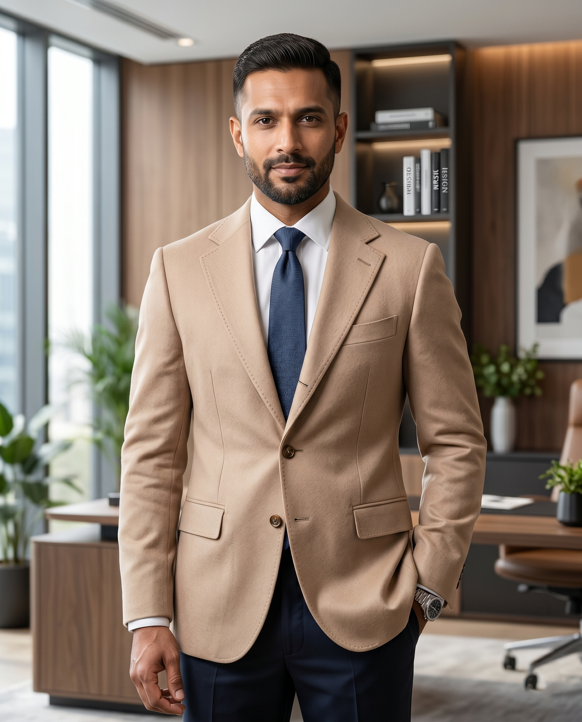 Premium Men's Slim Fit Beige Blazer Smooth Single Breasted Suit Jacket